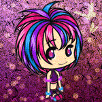 Original anime-style chibi forum avatar/pfp: bright pink, blue and purple spiky hair, big eyes and purple outfit against a glittery purple background.