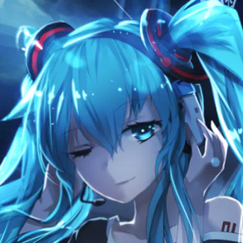 Close-up anime avatar of Hatsune Miku, the Vocaloid, with teal twin-tails and headphones, winking in a forum/profile-style portrait.