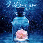 Artistic forum avatar with a glowing flower in a bottle on a watery surface and the text I Love You above.