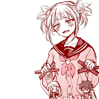 Anime forum avatar of Himiko Toga (My Hero Academia): red sketch of her in a sailor uniform, smiling and holding two chibi puppet figures.