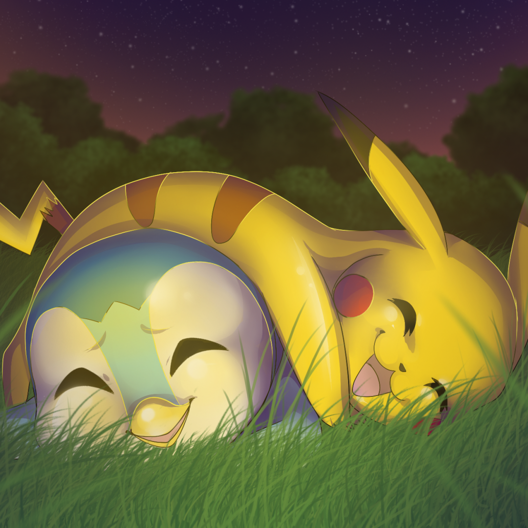 A cute anime-style forum avatar featuring Pikachu playfully lying on top of a smiling Piplup in a grassy field under a starry night sky.