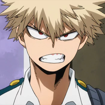 Close-up anime forum avatar of Katsuki Bakugou from My Hero Academia, gritting his teeth with an intense glare.