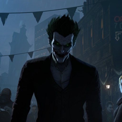 Profile avatar of the Joker from Batman: Arkham Origins (video game) — pale, green‑haired villain with a sinister grin looming in a dark, foggy city street.