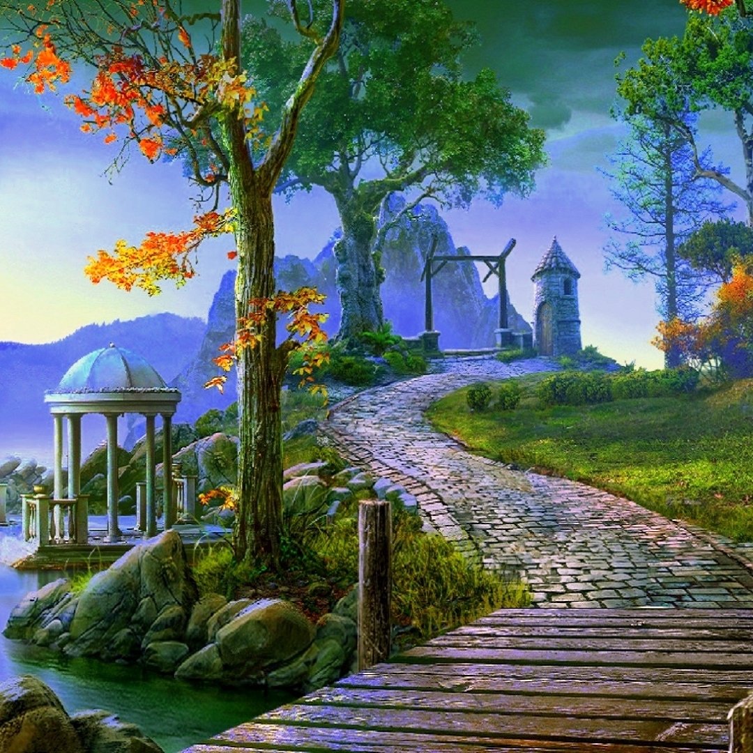 Download Fall Cobblestone Path Gazebo Landscape Fantasy Fantasy Landscape PFP