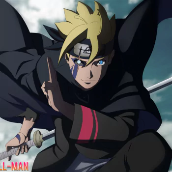Anime Boruto avatar — Boruto in a black cloak with headband and blue facial mark, drawing a kunai mid-attack, determined expression.