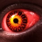 Artistic close-up of a red eye with intricate, glowing clockwork patterns in the iris, used as a distinctive forum profile avatar.