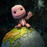 Image of Sackboy from LittleBigPlanet, a popular video game character, waving while sitting on top of a globe. This is used as a forum avatar/profile photo.