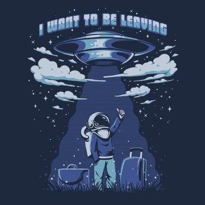 Humorous sci-fi forum avatar: an astronaut waves into a UFO beam beneath the words I WANT TO BE LEAVING, luggage resting at their feet.