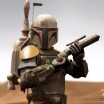 Avatar image featuring a detailed character from the Star Wars Galaxies video game, showcasing iconic Mandalorian armor and weaponry in a desert-like setting.