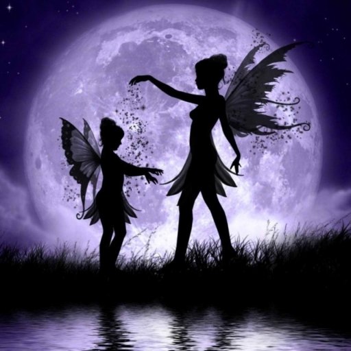 Silhouette of two winged fairies/elf figures reaching toward each other before a glowing full moon and starry sky, reflected on water — stylized fantasy avatar/pfp.