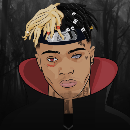 Stylized forum avatar: young man with half-blond/half-black hair, mismatched eyes, face tattoos and headband, dark forest background — music-inspired portrait.