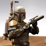 Avatar image featuring a detailed character from the Star Wars Galaxies video game, showcasing iconic Mandalorian armor and weaponry in a desert-like setting.