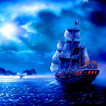 A blue-toned fantasy scene of a pirate sailboat on the ocean at night under a clouded moon, glowing lanterns on the ship and distant mountains in the background.