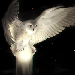 Fantasy animal snowy owl forum avatar: luminous white owl alighting on a glowing orb, wings spread against a dark, star-speckled sky.