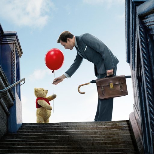 Forum avatar from the movie Christopher Robin: a man in a suit bends to offer a red balloon to Winnie-the-Pooh on subway steps, holding a briefcase and umbrella.