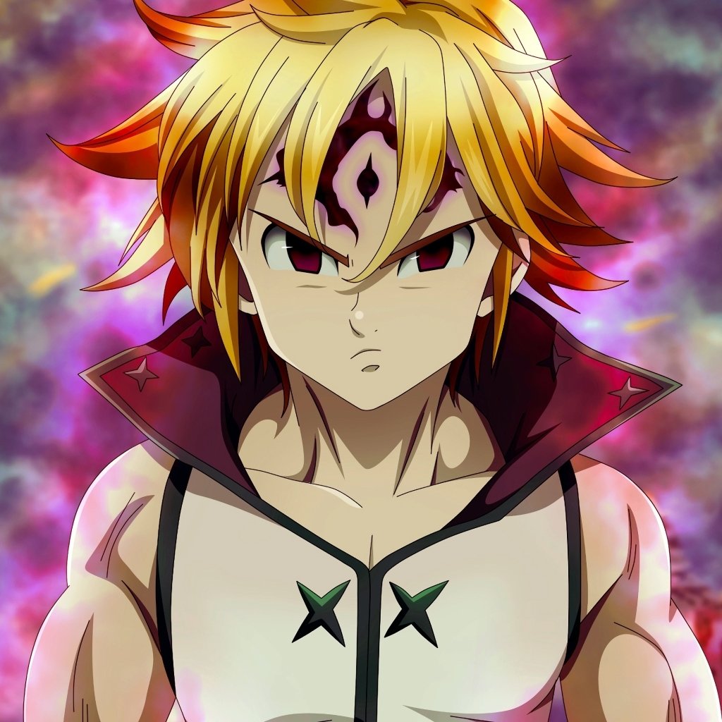 Forum avatar of Meliodas (The Seven Deadly Sins): anime portrait with spiky blond hair, demon mark on forehead, red eyes and open-collared jacket.