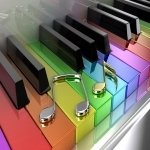 Forum avatar/pfp: glossy piano keyboard with rainbow-colored keys and floating musical notes — a bright, music-themed profile image.