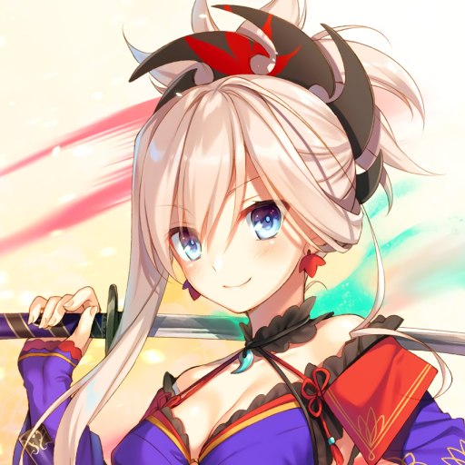 Anime-style avatar of Miyamoto Musashi from Fate/Grand Order, featuring her with bright blue eyes, white hair, and a confident smile holding a katana.