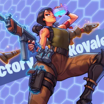 Fortnite-themed forum avatar featuring a confident female character drinking from a blue container, equipped with weapons and tactical gear against a hexagonal blue background.