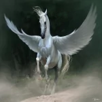 Fantasy-themed profile avatar featuring a majestic white Pegasus with wings spread, emerging from mist against a dark, moody background.