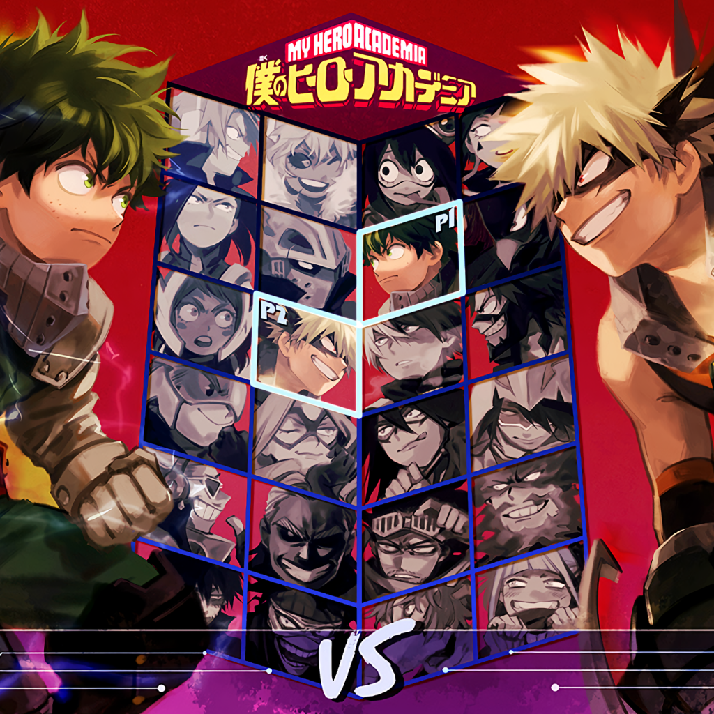 Anime My Hero Academia forum avatar/pfp: Deku and Bakugo face off with a tilted character-selection grid between them and a bold VS at the bottom, colorful stylized profile photo.