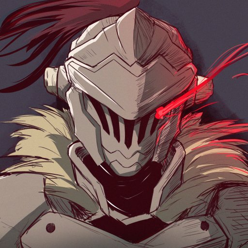 Close-up anime-style illustration of Goblin Slayer wearing his iconic helmet with a glowing red eye slit, surrounded by fur-lined armor in a dark, intense setting.