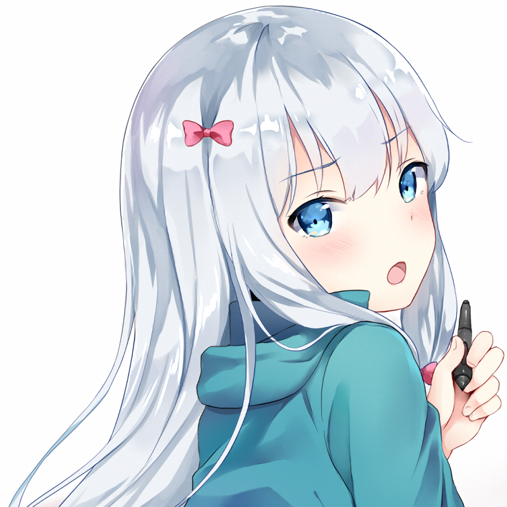 Forum avatar of Sagiri Izumi (Eromanga Sensei): white hair, blue eyes, blushing face, small pink bow, holding a pen and glancing over her shoulder.