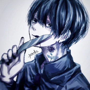 blue eyes black hair short hair tattoo knife Anime Original PFP