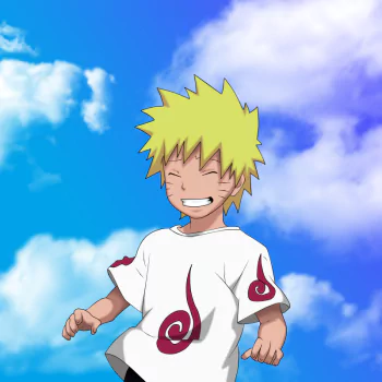Forum avatar of Naruto Uzumaki smiling with closed eyes, wearing a white shirt with red swirl motifs against a bright blue sky — anime Naruto profile photo.