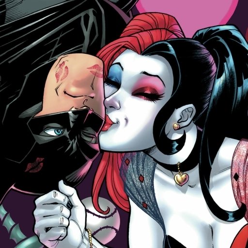 Comic-style forum avatar/pfp of Harley Quinn kissing Batman's masked cheek in a playful close-up.