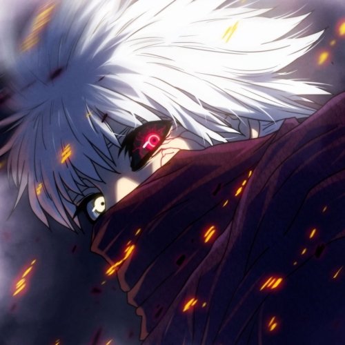 Anime-style profile image of Ken Kaneki from Tokyo Ghoul:re with white hair, heterochromia (red and white eyes), wearing a dark scarf amidst floating embers.