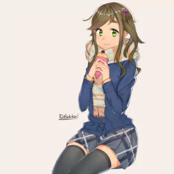 Laid-Back Camp scarf thigh highs long hair eating food green eyes brown hair smile skirt Aoi Inuyama Anime PFP