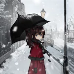 blue eyes bow (Clothing) brown hair ponytail long hair umbrella Anime Original PFP