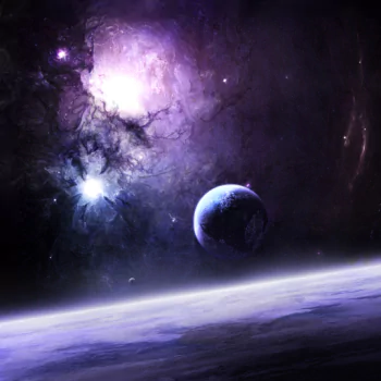 Sci-fi forum avatar/pfp: a purple-hued space scene with glowing nebula clouds, bright stars and a small planet rising above a misty, clouded horizon.