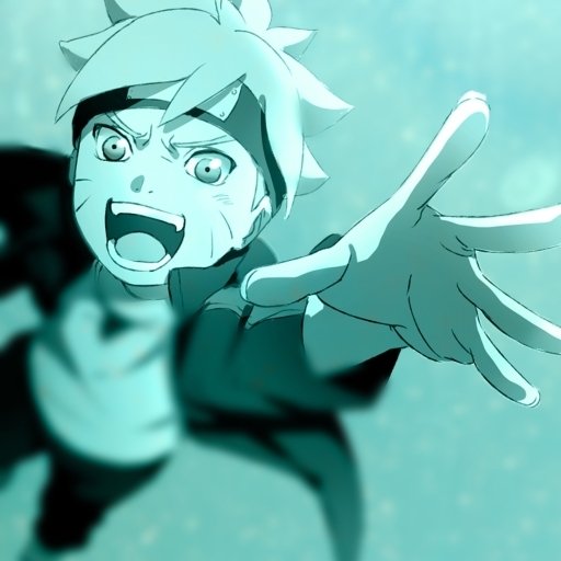 Teal-toned forum avatar of Boruto Uzumaki from the Boruto anime, reaching forward with a fierce, determined grin.