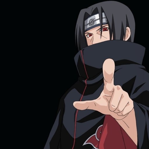 Anime-style forum avatar featuring Itachi Uchiha from Naruto, dressed in the Akatsuki cloak, pointing forward with sharingan eyes visible.