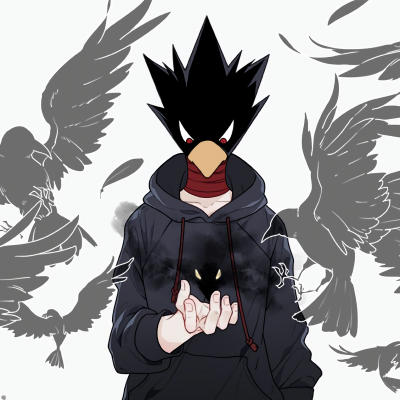 Forum avatar/pfp of Fumikage Tokoyami from My Hero Academia — anime-style black-bird head in a hoodie, red eyes, conjuring a small shadow bird amid crow silhouettes.