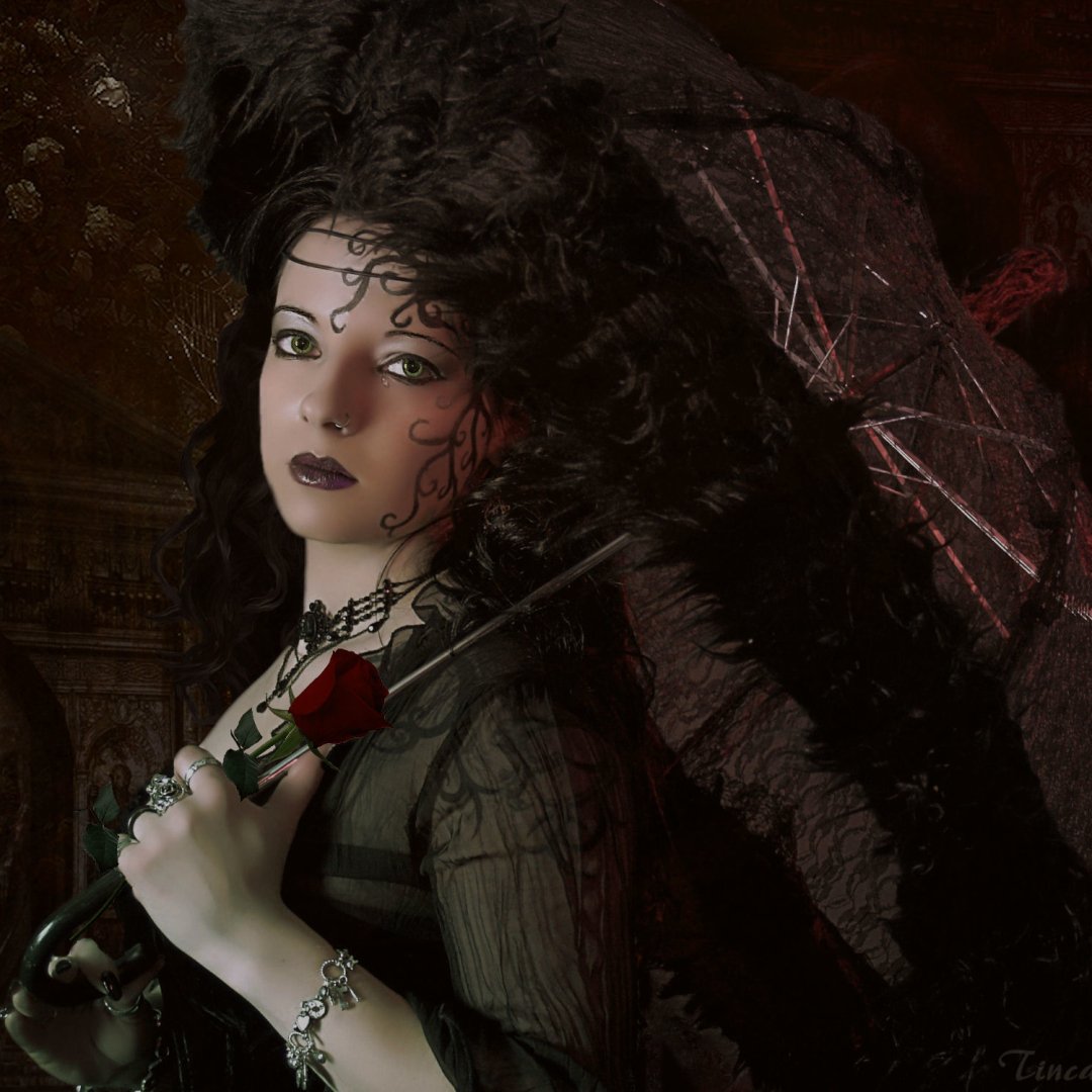 Forum avatar: artistic vintage-style profile of a woman with black hair and green eyes, holding a red rose and lace umbrella.
