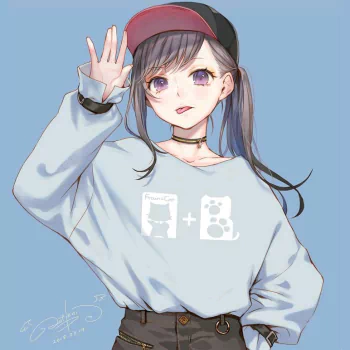 Anime original: young woman in a cap and oversized sweater with camera + bear motif, waving with a soft smile against a blue background — forum avatar/pfp/profile photo.