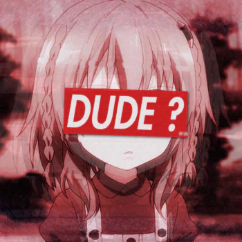 Anime girl with twin braids, face obscured by a red DUDE ? label. The image has a red tint and is used as a forum avatar/profile photo.