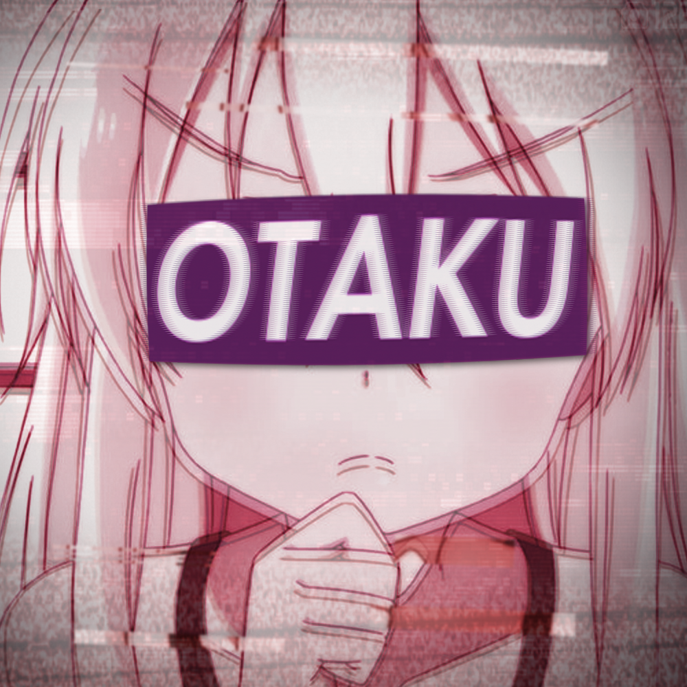 Glitch-style anime girl avatar with OTAKU text covering her eyes.