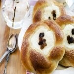 Food/baking forum avatar/profile photo: close-up of braided sweet rolls with cream-filled centers topped with raisins, with a spoon and dessert dish in the background.