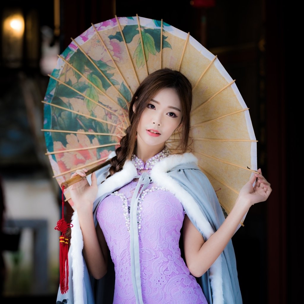Download Traditional Costume Brunette Dress Braid Umbrella Asian Model Woman PFP