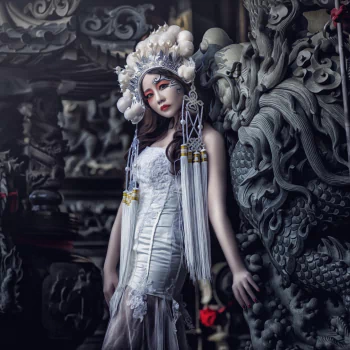 makeup white dress statue brown eyes brunette asian woman PFP