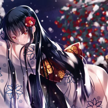 yellow eyes blush smile flower black hair long hair kimono Anime Original PFP