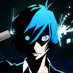 Forum avatar/profile photo of a stylized Persona 3 video game character: blue-and-black silhouette with one glowing eye, holding a handgun amid electric energy bursts.