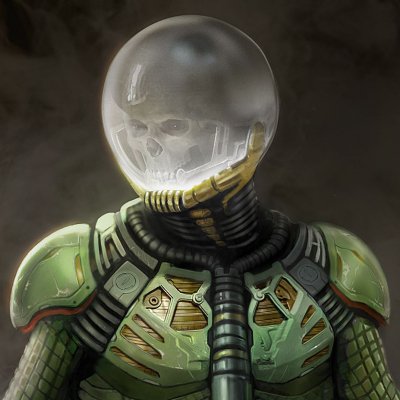 Forum avatar of Marvel supervillain Mysterio in comic style: green armored suit with breathing tubes and a clear globe helmet revealing a skull inside.