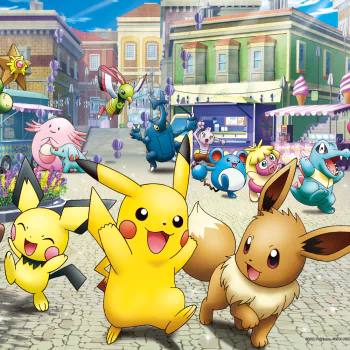 Forum avatar/pfp: anime scene from Pokémon The Movie: The Power of Us showing Pikachu and Eevee leading cheerful Pokémon through a sunny town.