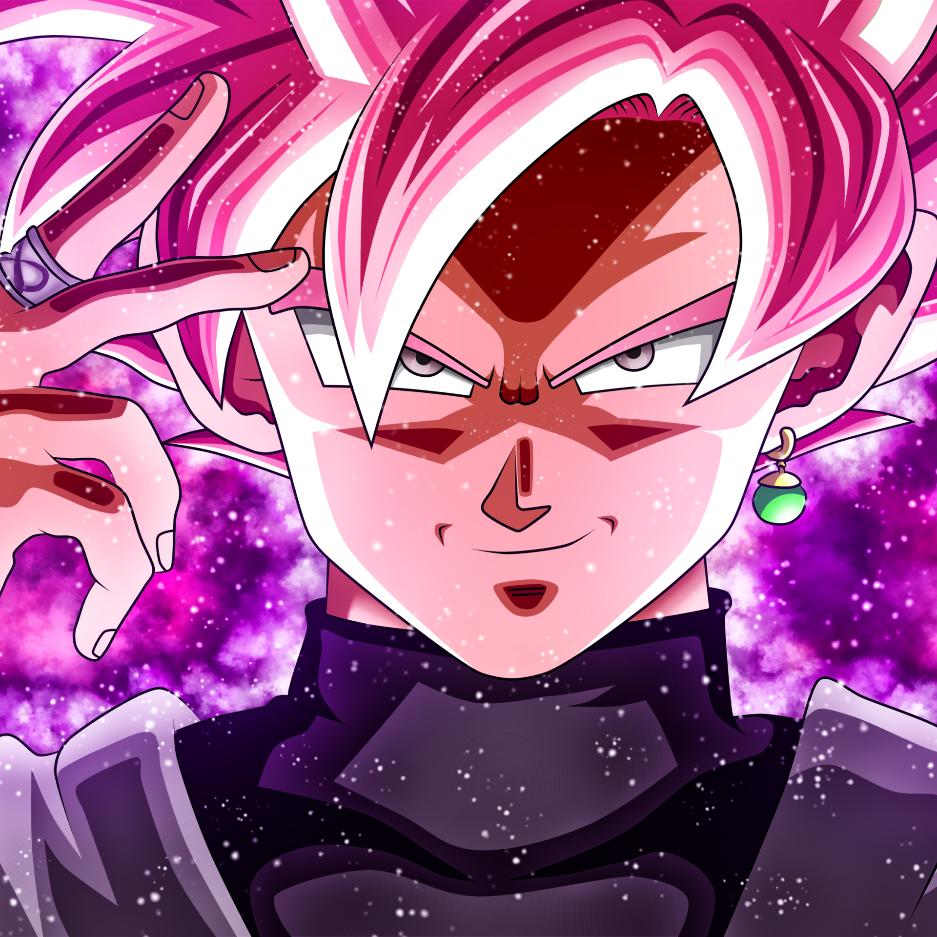 Profile avatar of Black Goku in Super Saiyan Rosé form, pink hair and smirk, green Potara earring, cosmic purple background — Dragon Ball Super anime style.