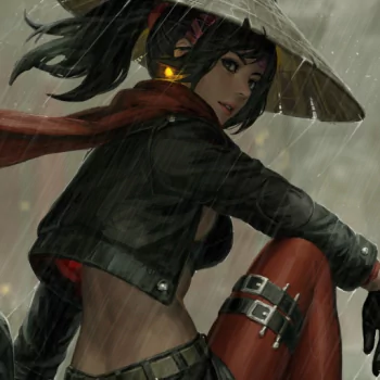 ponytail black hair asian conical hat rain woman warrior samurai fantasy PFP